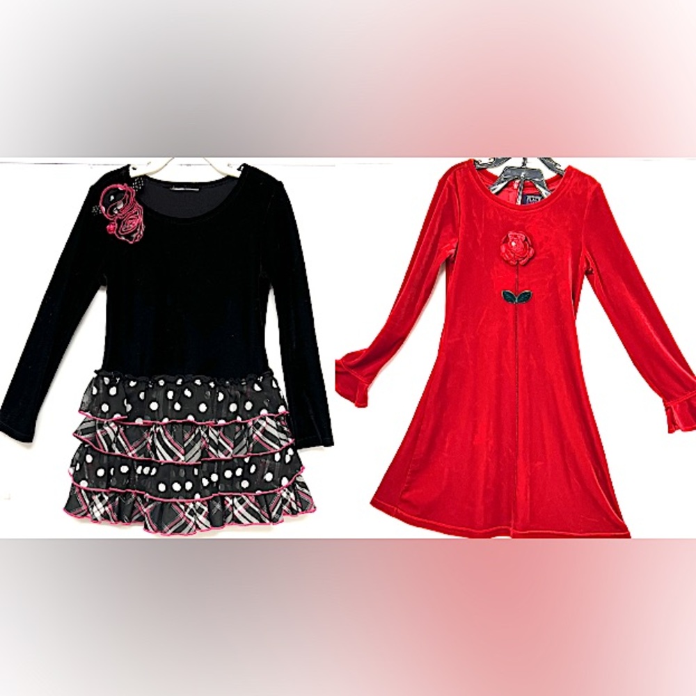 Black Velvet Polka Dot Ruffle Skirt Dress & Red Velvet Floral Appliqué Dress (2)